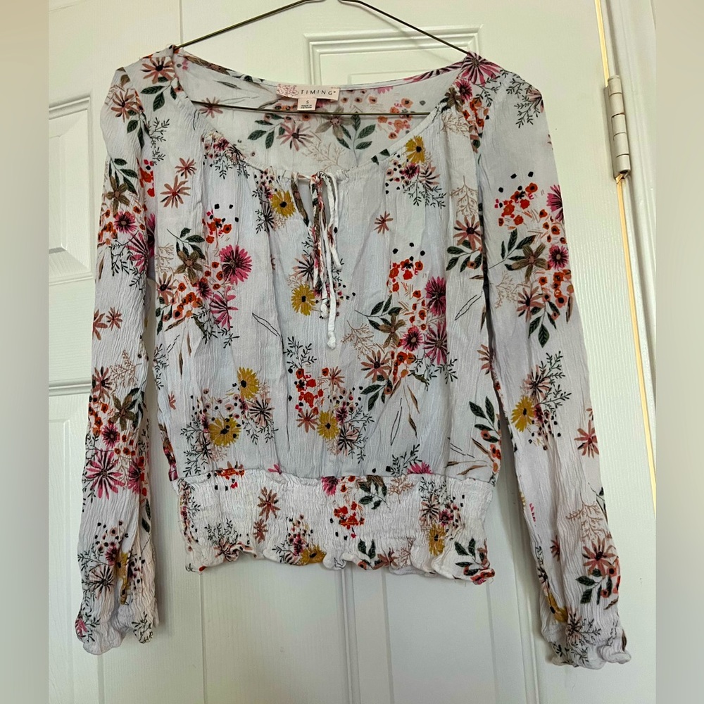 Floral White Blouse, Colorful Flowers Long Sleeved
